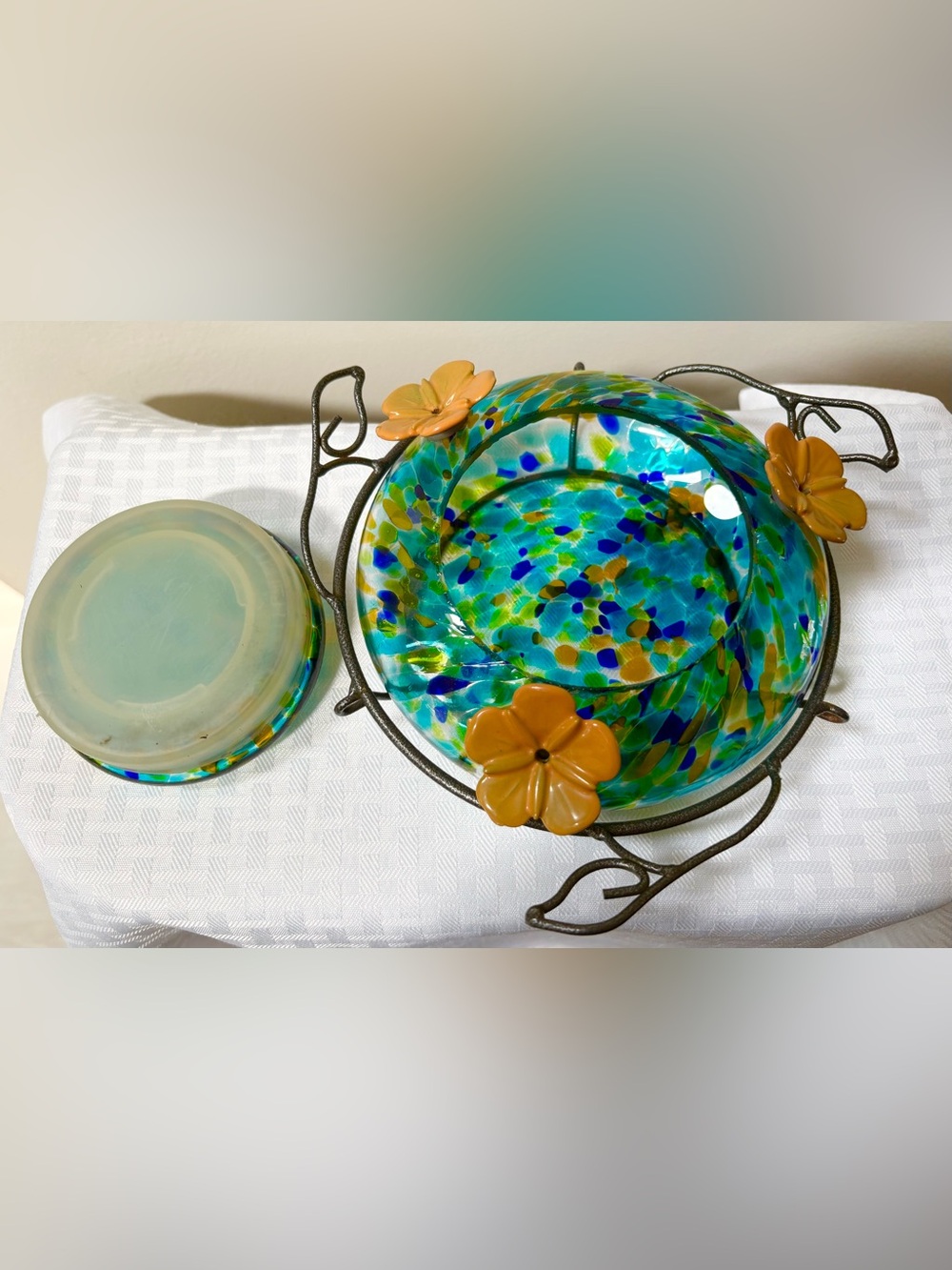 Art Glass Table Hummingbird Feeder Multi Color 3 Yellow Flowers Wire to Hang - Picture 3 of 6